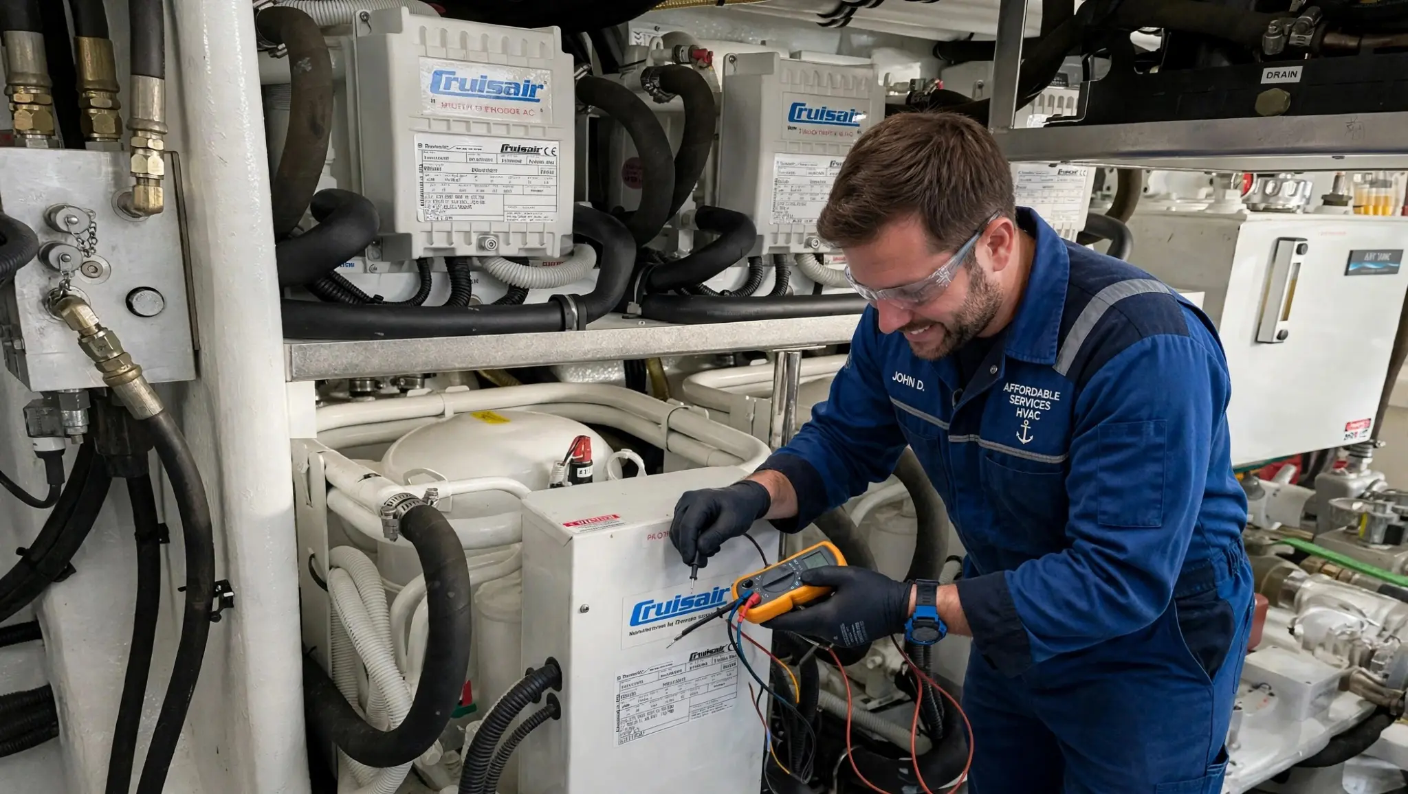 Affordable Marine Services technician testing a Cruisair marine air-conditioning system in a yacht engine room